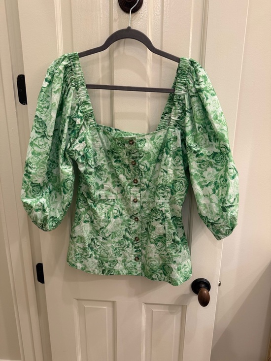 Ganni Tops - Ganni Green Floral Puff-Sleeve Button Front Blouse